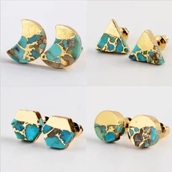 BOROSA Gold Color Moon Copper Natural Turquoises Studs Earrings Gems Round Earrings for Women 2020 Geometric Earrings G1989