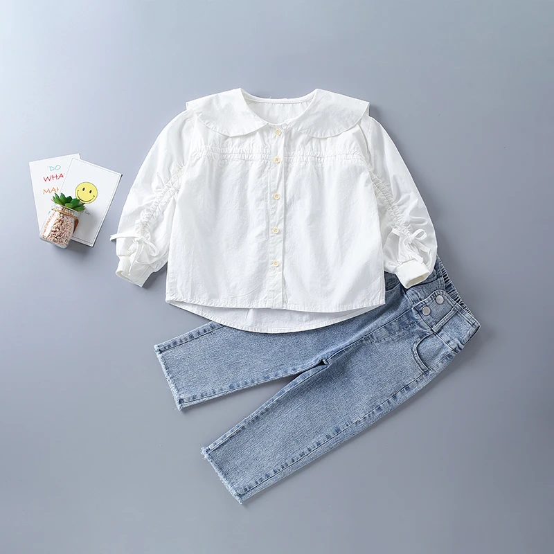 

2-7 years high quality girl clothing set 2021 new autumn fashion orange white shirt + denim pant kid children clothing