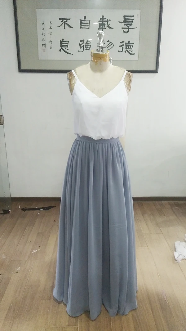 New Elegant Pretty Lovely Gray Blue Long A-Line 2 Pieces Simple Bridesmaid Dresses  robe de soirée de mariage