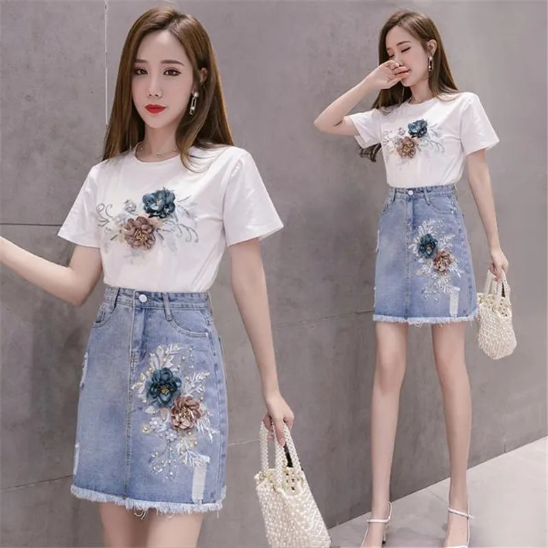 Single/Set 2023 Cowboy Set Women Three-Dimensional Embroidered Tassel Hole Skirt + T-shirt Denim Skirt Two-Piece Suit Lady 2PCS