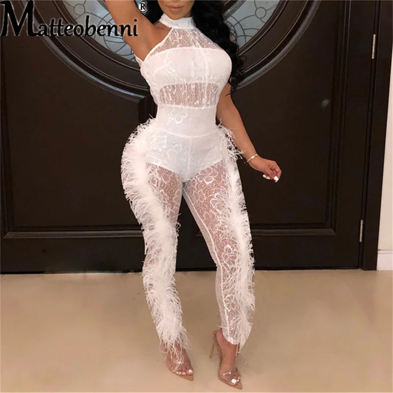 Mesh Patchwork Feathers Jumpsuit Women Sexy See Through Sleeveless O Neck Bodycon Women Jumpsuit Transparent Night Club Overalls