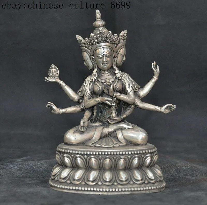 old Tibet Buddhism Tibetan silver 3 Head 8 Arms tara Kwan-Yin Bodhisattva statue