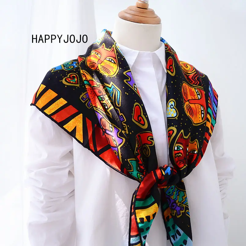 100% natural pure silk black scarf with cats high quality cute 85*85 big squares scarf lovely kerchief neck shawl gift for women