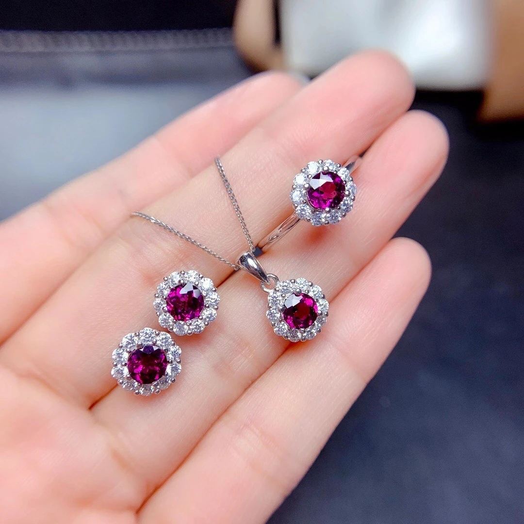 

2022 New Fine Jewelry Set Natural Garnet Ring Stud Earrings Pendant Round Gemstone Support Test Real 925 Silver Good Gift