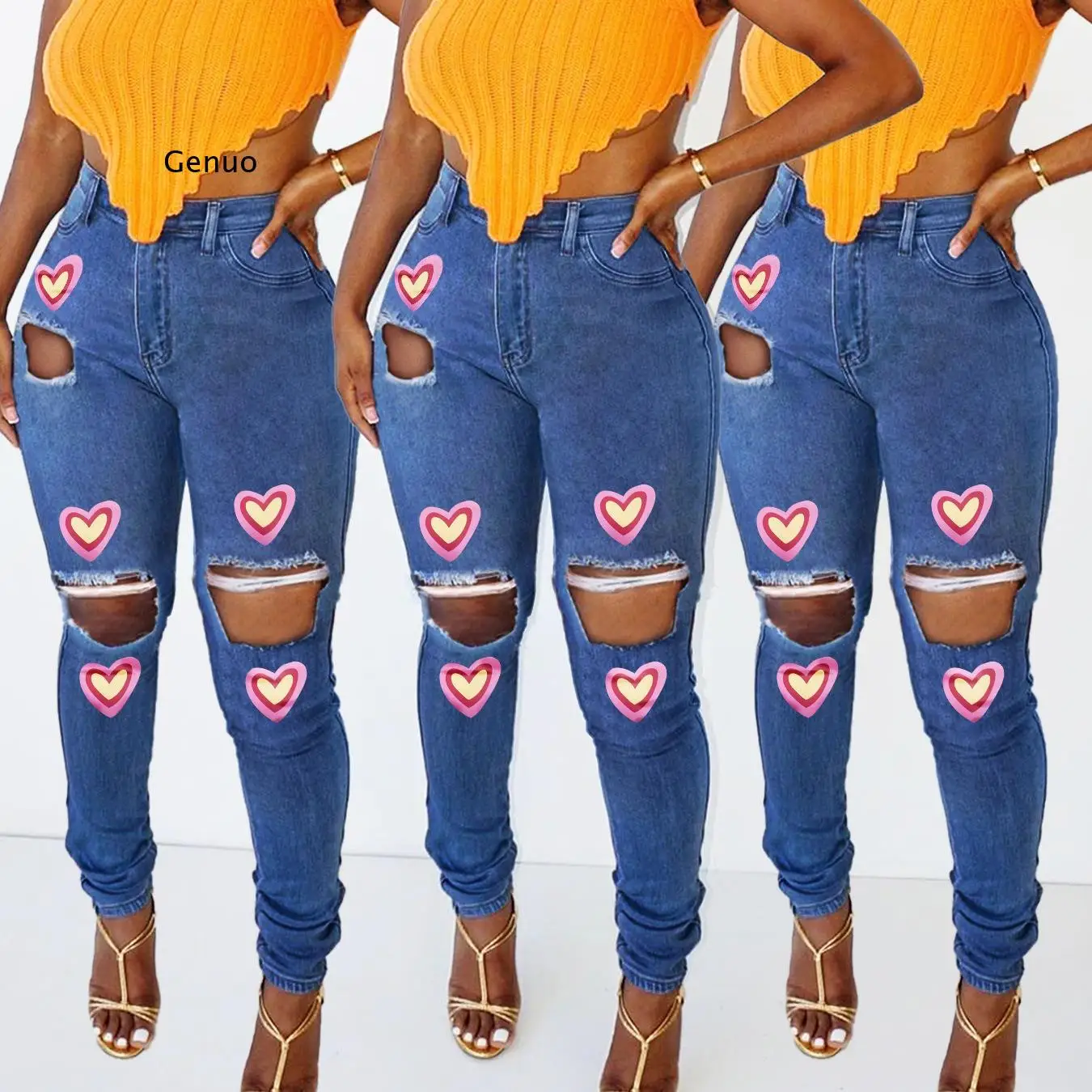 

Jeans Woman High Waisted Heart Print Hole Pants Hollow Out Skinny Streetwear Women Washed Denim Casual Pencil Pants Trousers