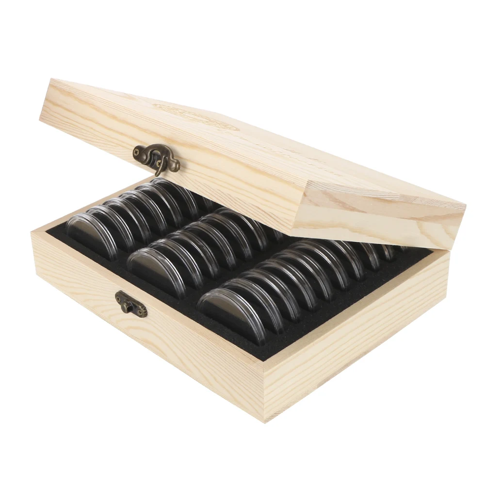 HOOMIN Wooden Commemorative Coin Collection Case with Adjustment Pad Antioxidative Coins Storage Box