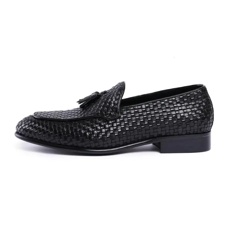 Quality Cow Leather Weave Business Casual Shoes Men Tassel Slip On Dress Shoes Mens Summer Black Brown Career Office Work Shoes