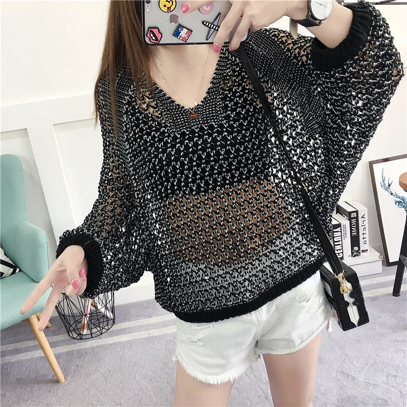 Sexy Women Knitted Pullover Mesh Hollow Sweater Female 2024 Spring Casual Top Bat Half Sleeve Casual Loose Knit Jumper Summer