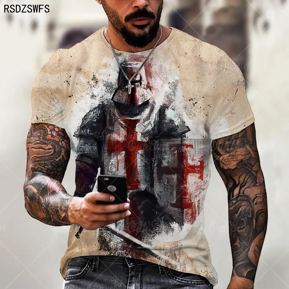 Samurai Pattern Knights Templar 3D Print T-Shirt Retro Style Of European And American Street Short Sleeve T Shirt Men Tops Tees