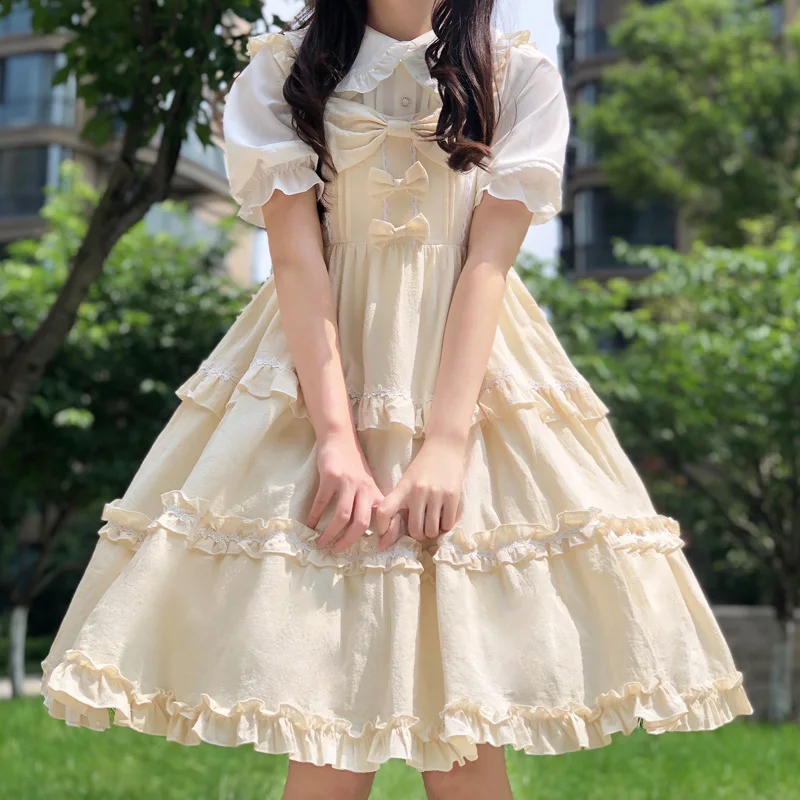 

Japanese Summer Sweet Girly Lolita Style Soft Girl Camisole Dress Kawaii Bow Ruffles Sleeveless High Waist JSK Cupcake Dress