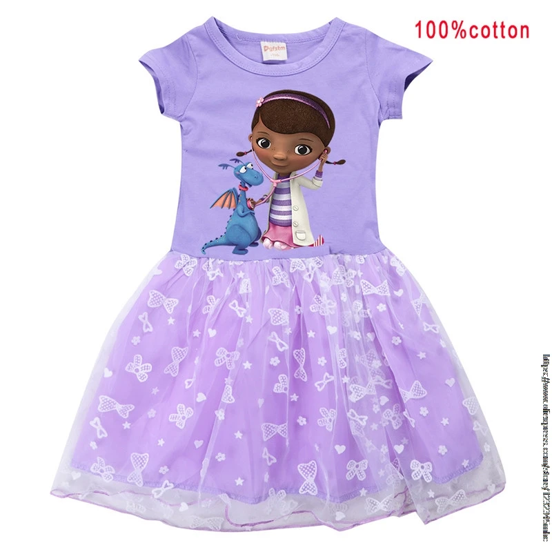 Summer Girls Dresses Kids Cotton T-shirt with Lace Gauze Mesh Dress Doc McStuffins Children's Clothing Birthday Wedding Party