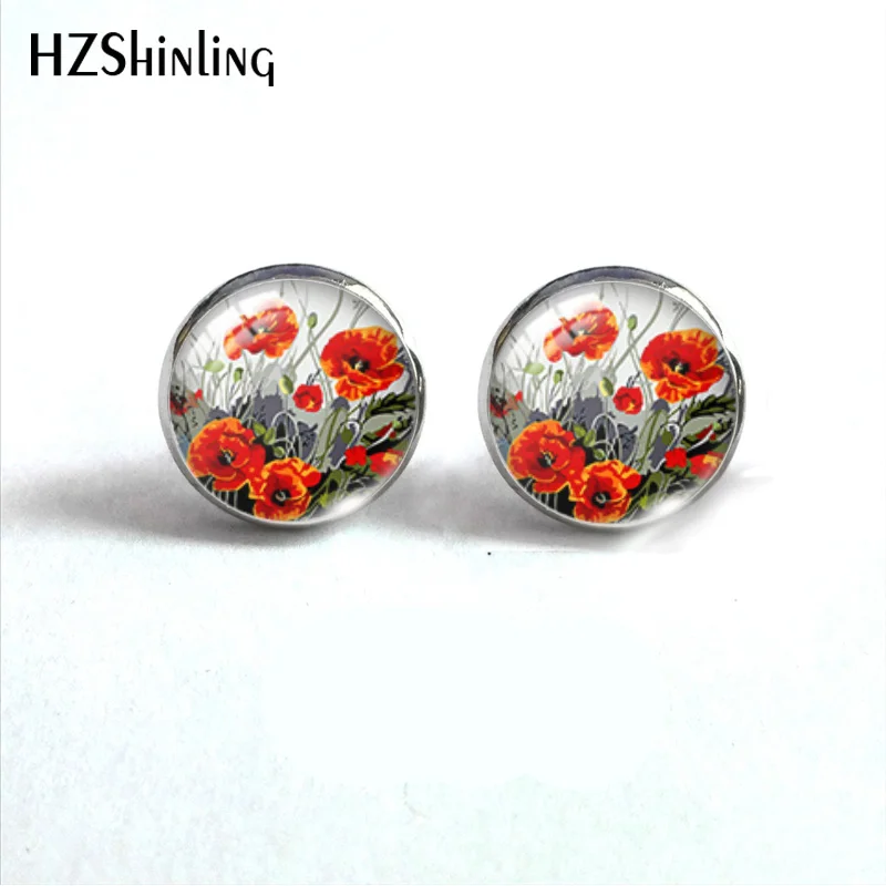 vintage Poppies Flower Pattern Round Glass Cabochon 12mm Stud Earrings Jewelry