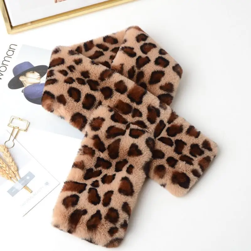 Korean Leopard Print Plush Scarf Winter Faux Rabbit Fur Thicken Warm False Collar Zebra Pattern Cross Neck Guard Warm Snood N37