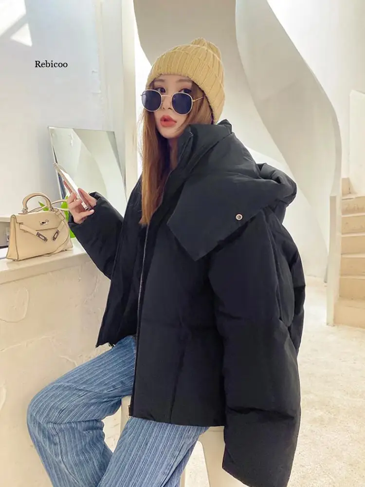 Winter Women Solid Thick Warm Oversize Parkas Loose Down Jacket Female Korean Elegant Hooded Cotton Jacket Winter Coats