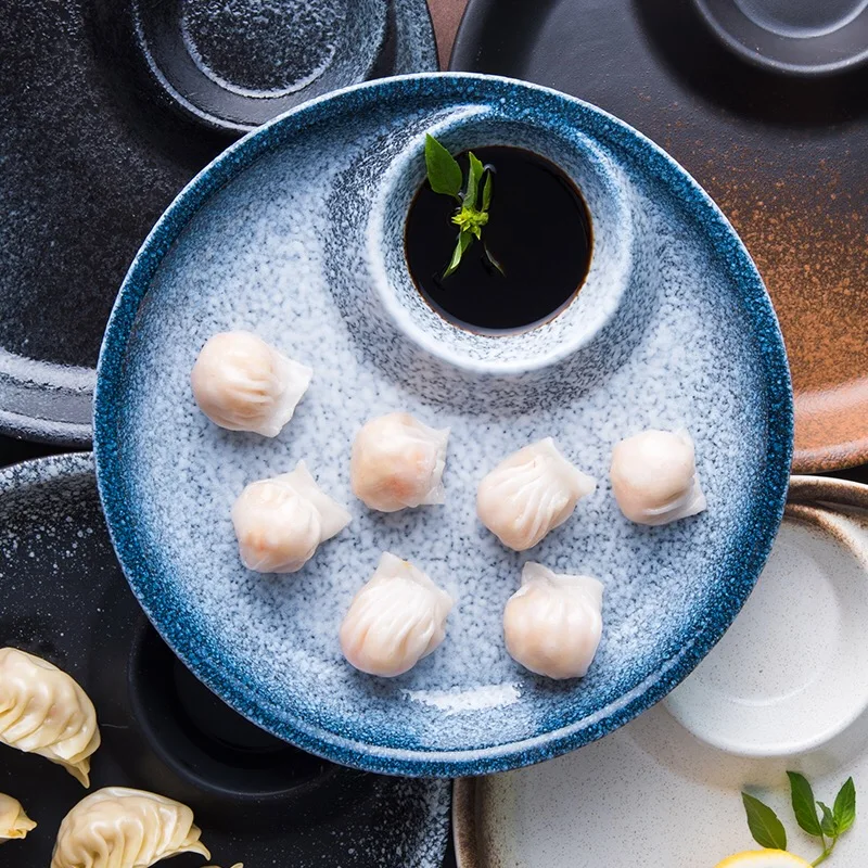 

LingAo-Japanese Retro Ceramic Dumpling Tray with Dipping Sauce Lattice