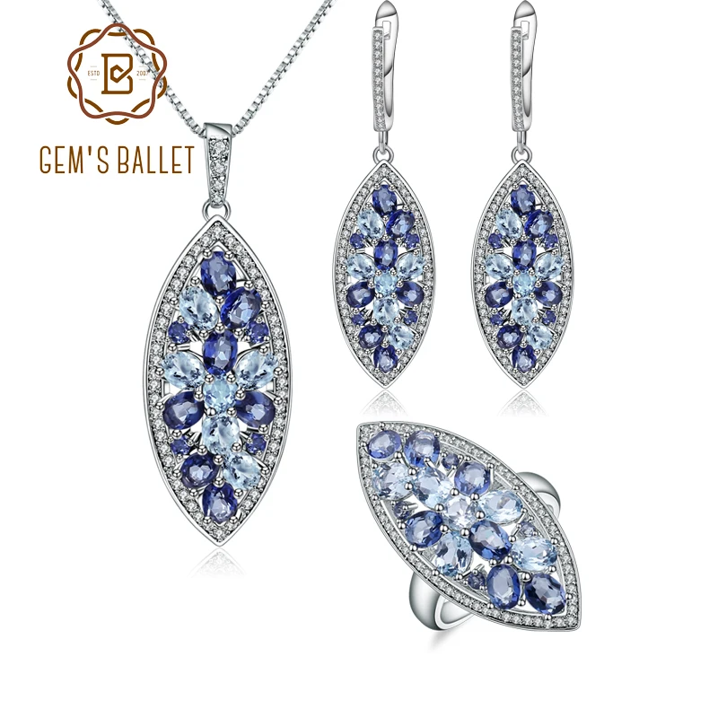 GEM'S BALLET 925 Sterling Silver Natural Sky Blue Topaz Ring Earrings Pendant Set Handmade Floral Gemstone Jewelry Set For Women