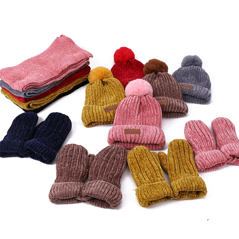 Kids Winter Pompom Beanie Hoeden Sjaal Handschoenen Set Gebreide Warme Dikke Corchet Chenille Beanie en Sjaal Wanten Voor Jongens en meisjes