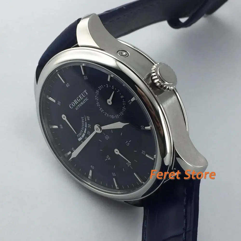 Corgeut 40mm New Men\'s Top Mechanical Watch stainless silvery Case blue Dial Date Leather Strap Power Reserve Automatic Watch