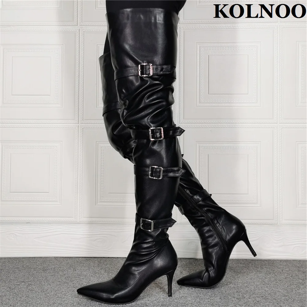 

Kolnoo New Real Photos Women High Heel Motorcycle Boots Buckles Deco Pointy Sexy Over Knee Boots Evening Party Fashion Hot Shoes