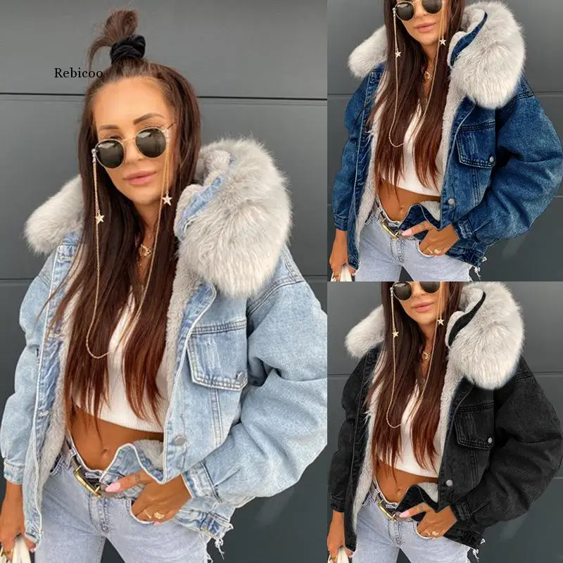 Streetwear Removable Fur Collar Thick Short Denim Coat Women Winter Warm Big Pocket Jean Jacket Loose Single Breasted Tops Coat