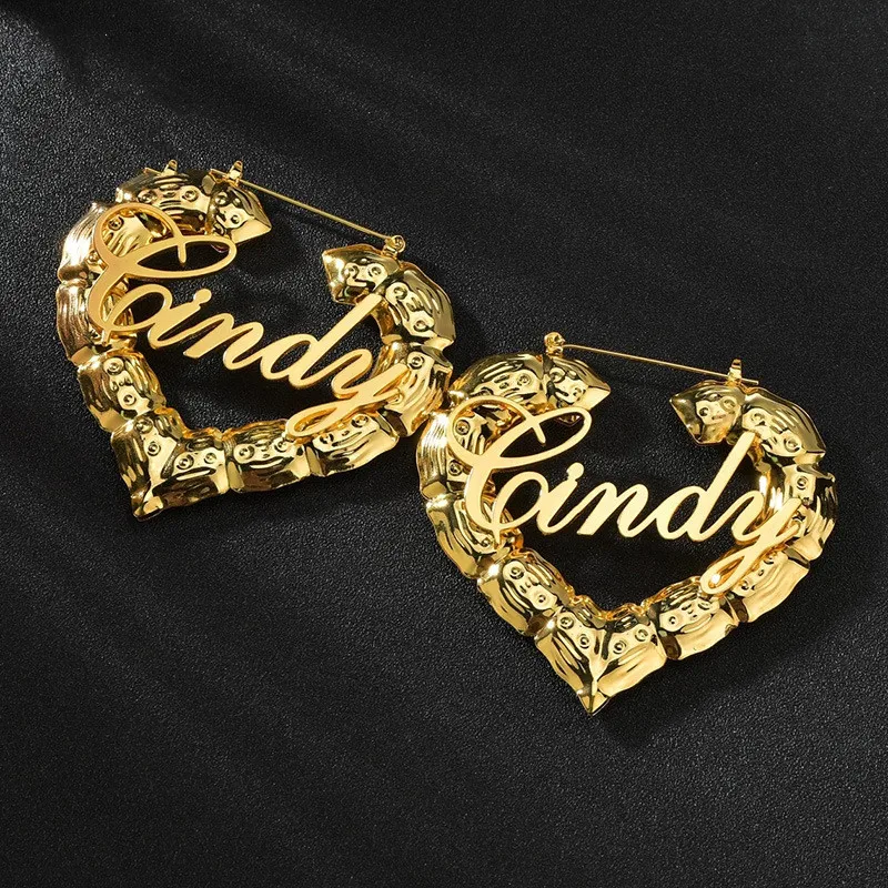 Custom Name Earrings Bamboo Heart Hoop Earrings Love Shape Customized Letter Earrings Heart Shape Bamboo Earring for Girls