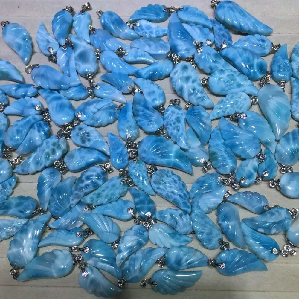 Top Natural Blue Larimar Pendant For Woman Man 17x35mm Wing Beads  Stone Crystal Jewelry