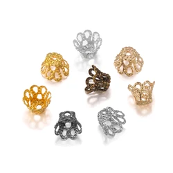 100 unids/lote de cuentas de trompeta de flor hueca antigua dorada, tapas de cuentas de filigrana, accesorios para hacer joyas DIY