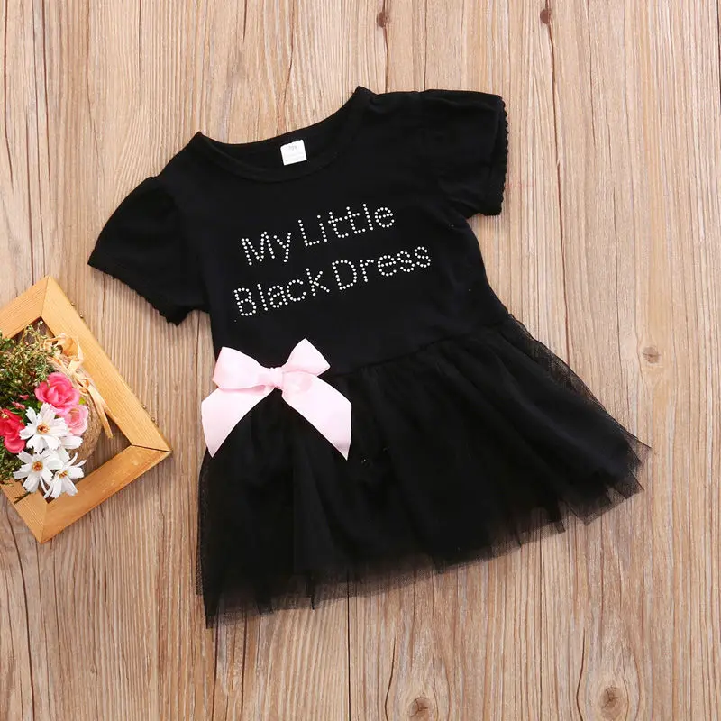 0-24M Fashion Cute Summer Newborn Infant Baby Girls Cotton O-Neck Letter Print Lace Knee-Length Black Tutu Dress Outfit Party