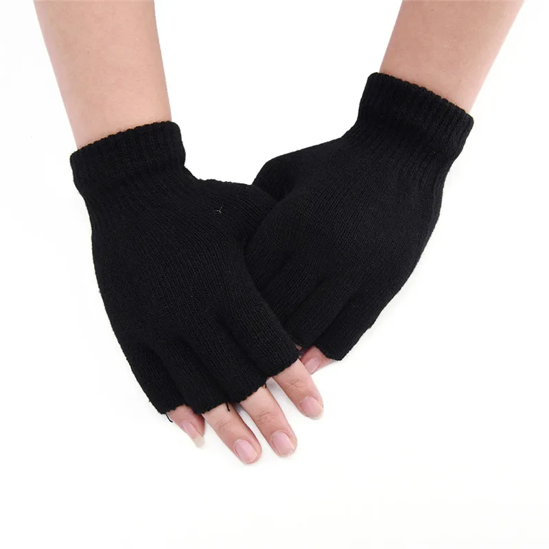 Gants de poignet en laine et coton tricotés, 1 paire, chauds d\'hiver, pour l\'entraînement, noirs, demi-doigts, pour femmes et hommes