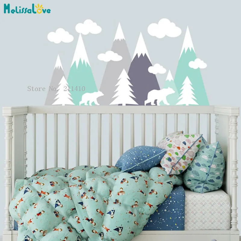 Custom Mountains Colors Wall Sticker Baby Nursery Room Decals Bears Family Decor Removable Murals DIY YT6421