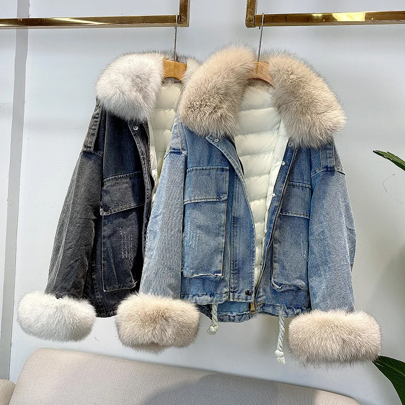 2021 Winter Women Warm Liner Detachable 90White Duck Down Coat Loose Puffer Parka Real Fox Fur Collar +Fox Cuff Parkas Jackets