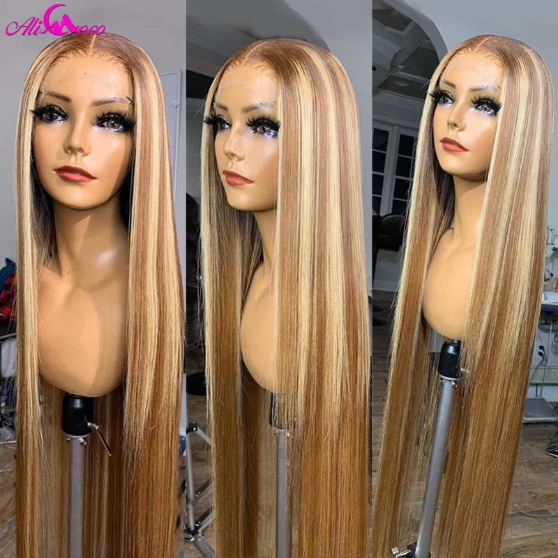 Highlights Colored Human Hair Brazilian Straight Highlight Brown Wig 13x4 Lace Frontal Preplucked Human Wigs For Women