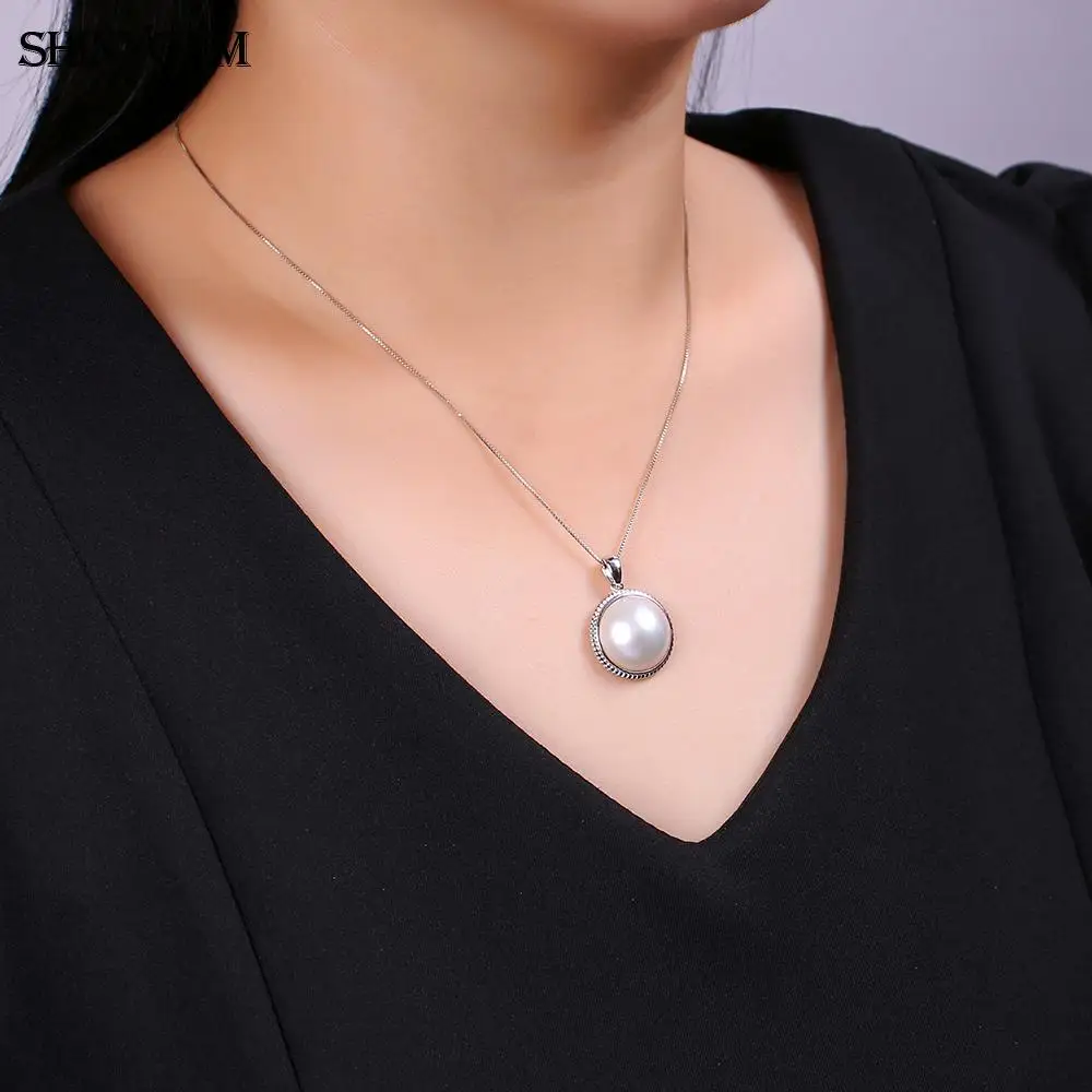 ShinyGem Classic Sea Water Pearl Necklace For Women White/Blue 17-18mm Big Mabe Pearl Pendant Necklaces 925 Silver Long Chain