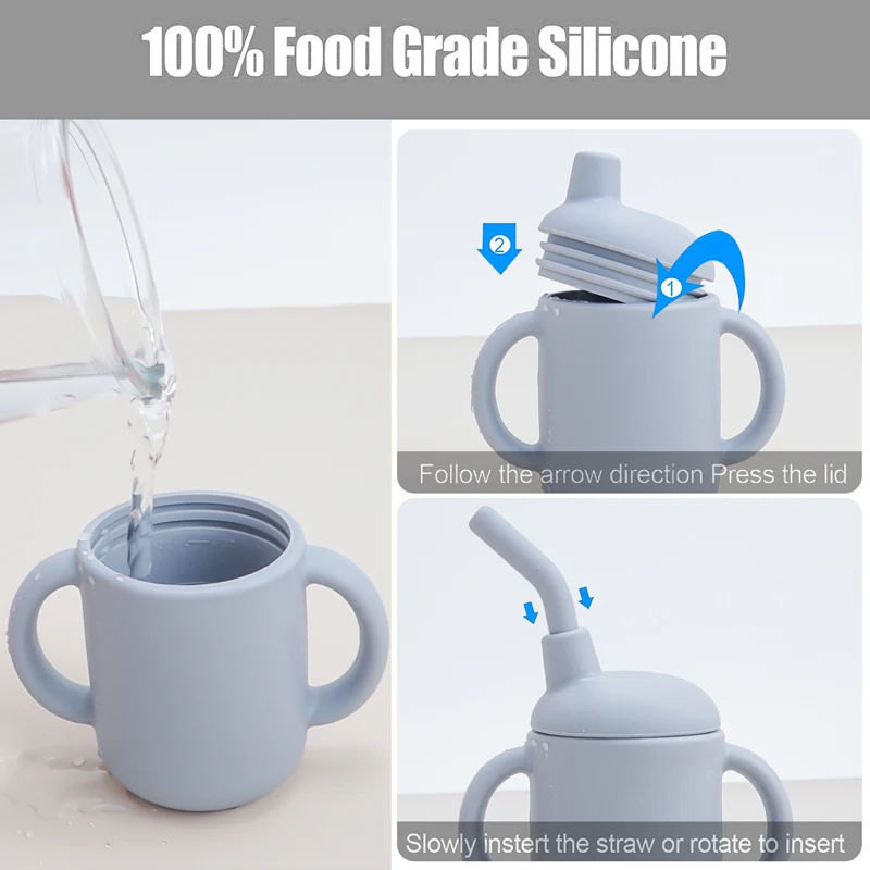 Customized Silicone Feeding Liquid Feed Straw Cup Foldable Children\'s Drinking Cup Double Leakproof Water Bottle Baby Stuff