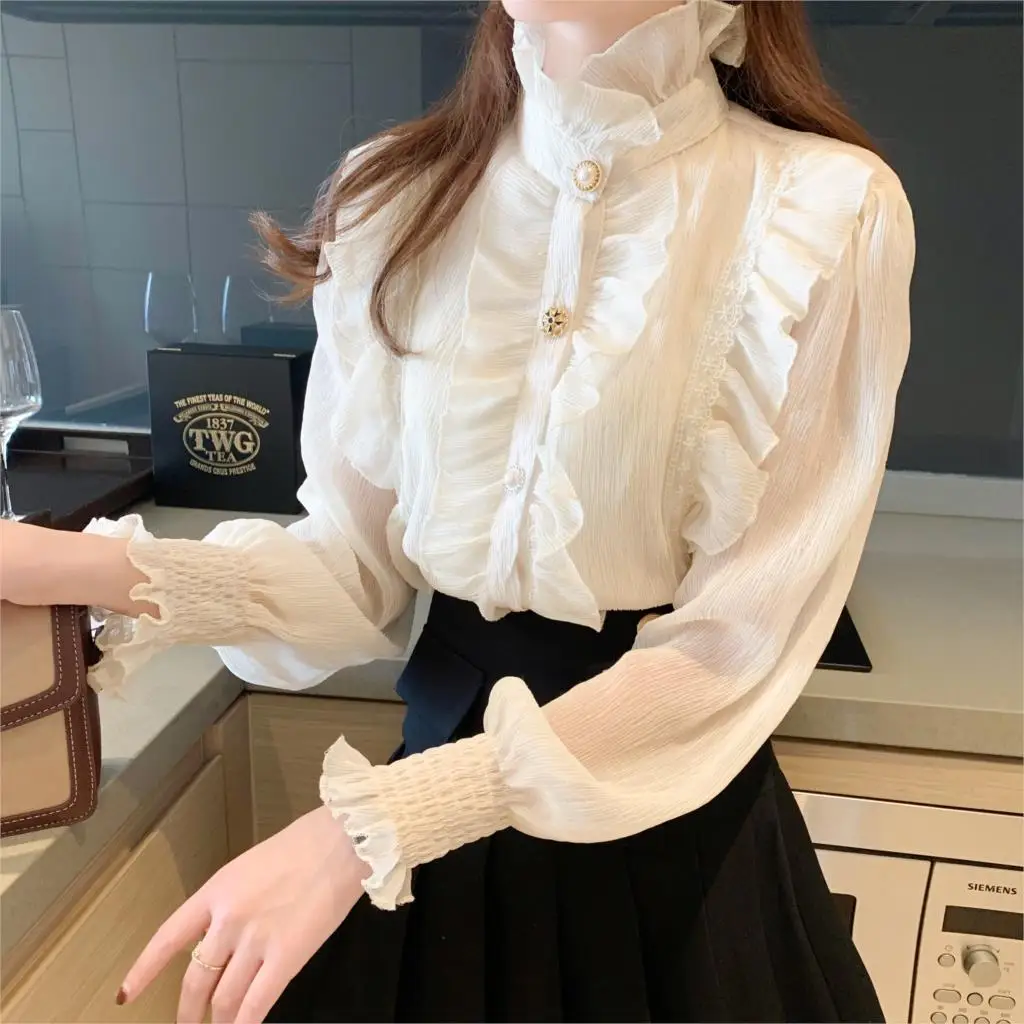 French Palace High Neck Blouse Women Victorian Palace Tuxedo Shirts Top Ruffle Royal Stand Collar Chiffon Flounce Lolita Blusas