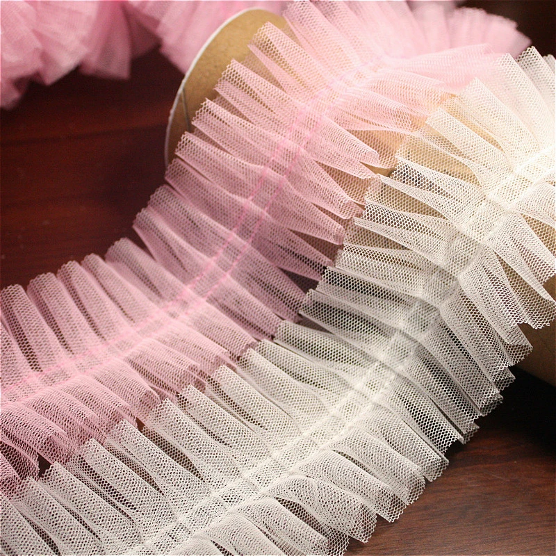 5CM Wide White Pink Folded Sewing Lace Fabric Ribbon Collar Neckline Trim Decorated Dress DIY Crafts Applique Guipure Supplies