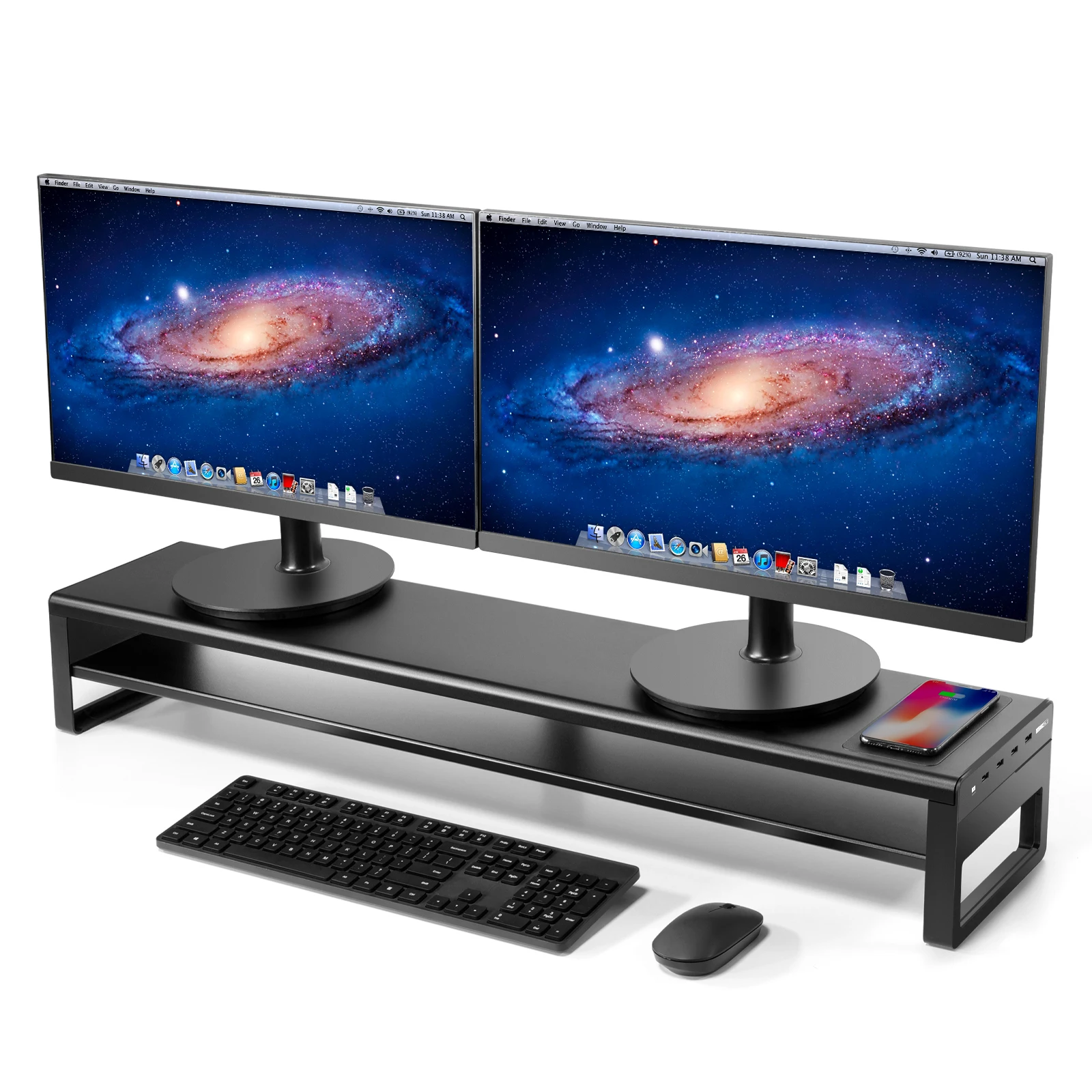 Suporte duplo para monitor, alumínio, carregamento sem fio, 4 portas USB 3.0 Hub para computador e TV, economia de espaço, 2 Tiers