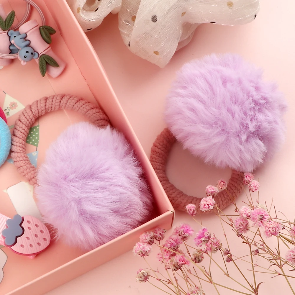 Fur Ball With Elastic Rope Hair Band Handmade Elastic Ponytail Holders Plush Ball Sweet Pink Hair Ring Kid Girl Hair Accessories