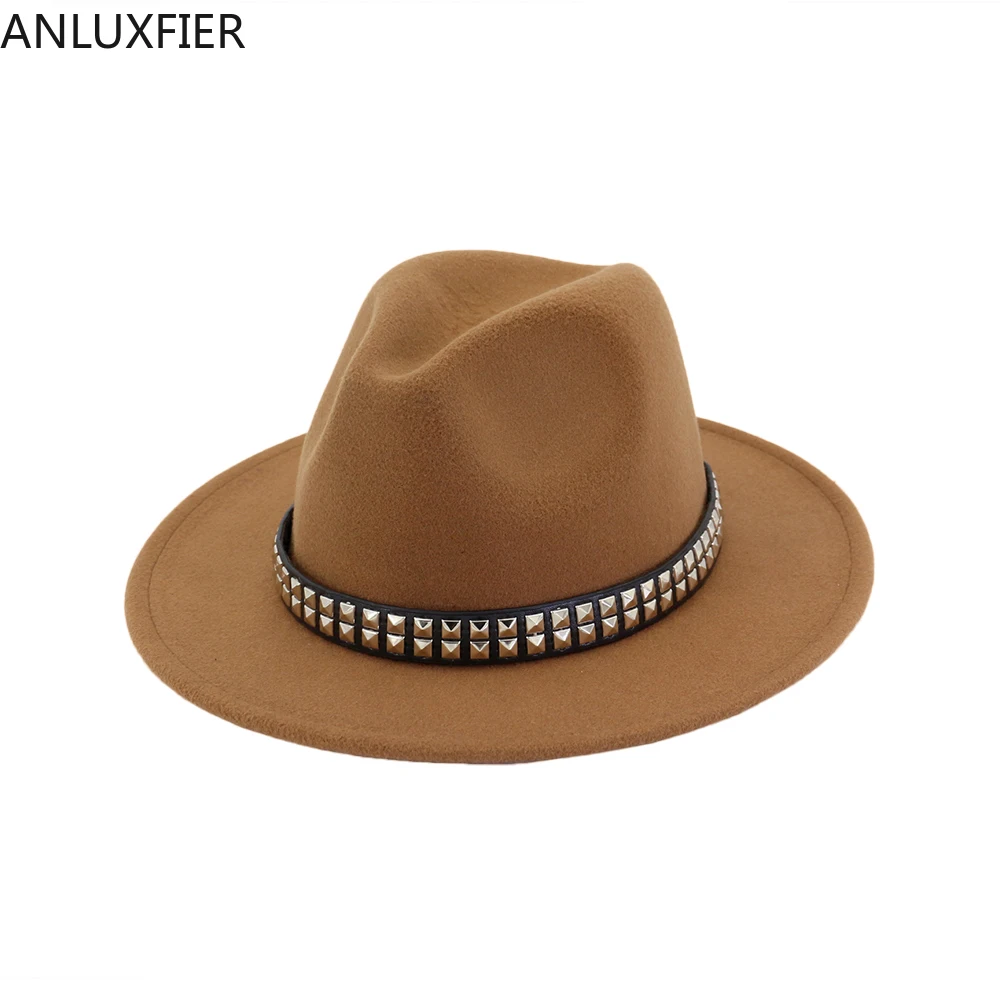 

H7579 Autumn Winter Women Fedoras Hat Female Wool Felt Lovers Jazz Cap Men Flat Eave Metal Rivet Fashion Party Casual Retro Hats