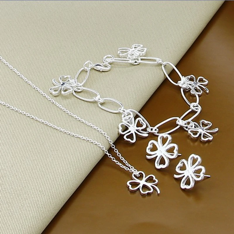 New Style 925 Sterling Silver Four-Leaf Clover Necklace Necklace Bracelet Earring Set For Women'S Wedding Engagement Fashion Jew