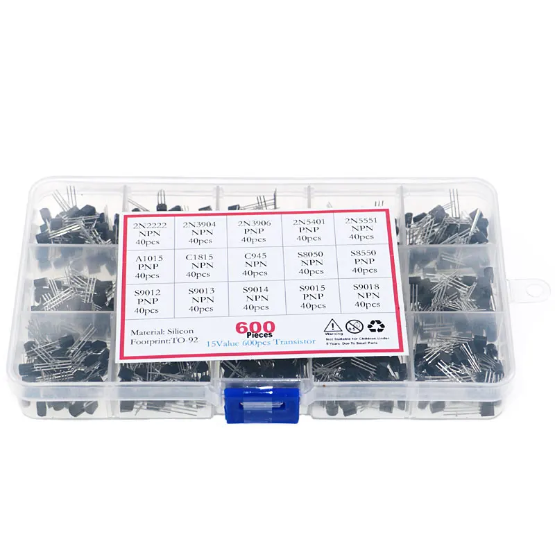 600pcs/Box 15 Kinds Transistor kit set TO-92 30-160V 50-1000mA NPN / PNP A1015 C1815 S8050 2N2222 2N3904 2N5401 2N3906 2N5551