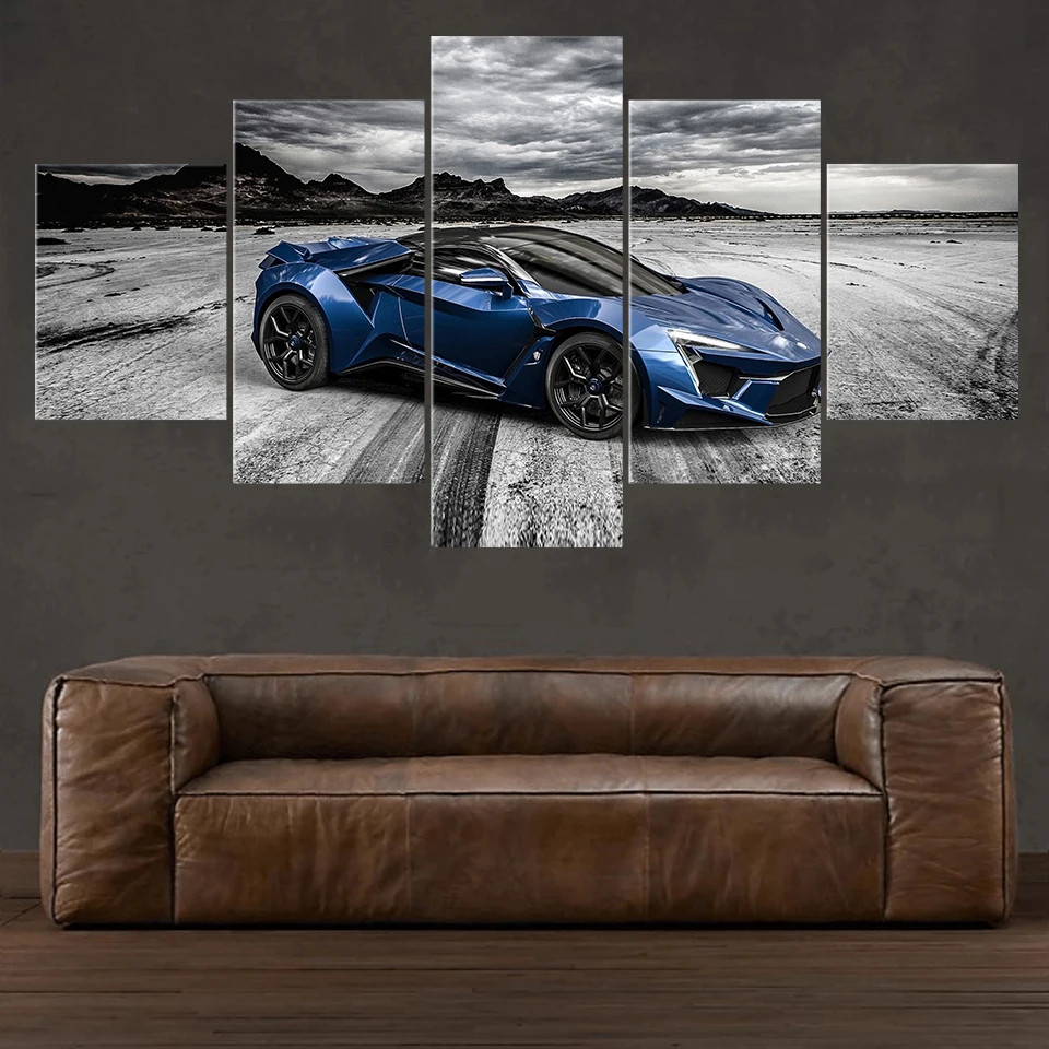 No Framed Canvas 5Pcs Flashy Blue Luxury Sports Car Wall Posters Pictures Painting Home Decor Accessories Living Room Decoration