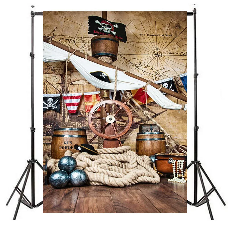 Pirate Birthday Background for Photography Children Birthday Backdrop for Photo Ship Deck World Map Treasure Map Photo Studio