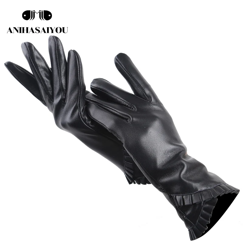 

Fashion Black sheepskin women's gloves,Thicken women's winter gloves,Keep warm women's leather gloves-7027