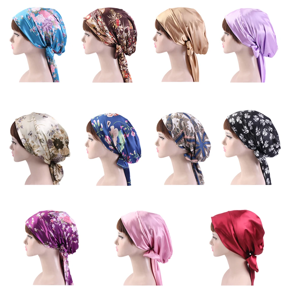 1PC Fashion Floral Headscarf Women Muslim Satin Turban Hat Islamic Pirate Headwraps Elastic Sleeping Hat Bonnet Ladies Fashion