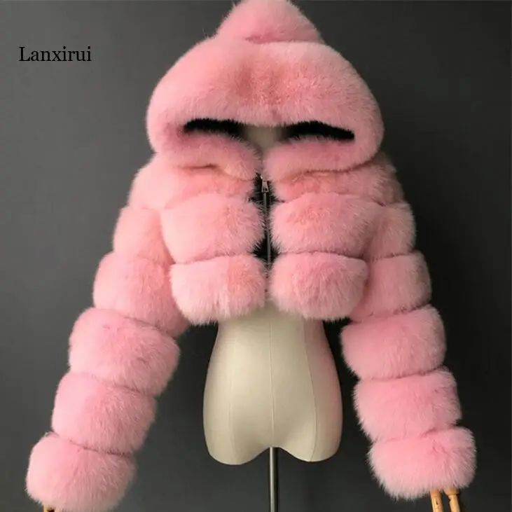 

High Quality Furry Cropped Faux Fur Coats and Jackets Women Fluffy Top Coat with Hooded Winter Fur Jacket