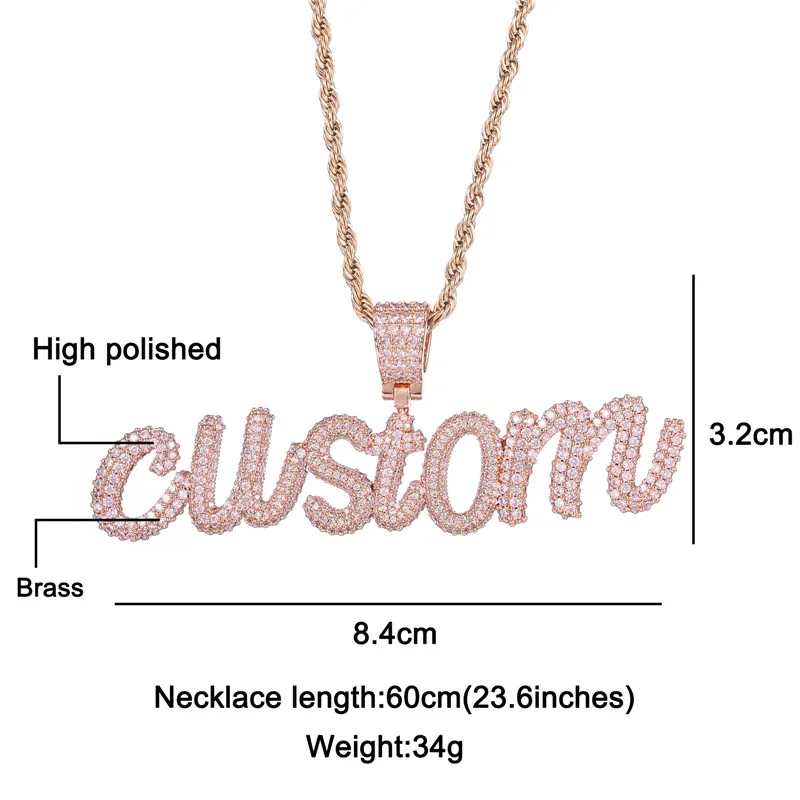 Hip Hop Custom Name Bubble Letters Cubic Zirconia Iced Out Chain Pendants & Necklaces For Men Women Jewelry With Solid Back