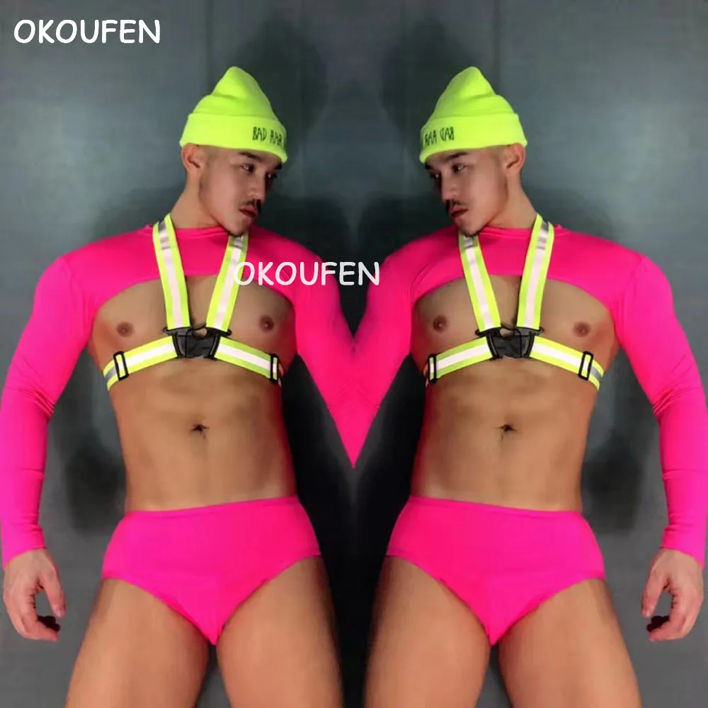 

Sexy Nightclub Ds Costume Male singer DJ gogo Clothing Pink fluorescent Theme Party Suit performance equipment