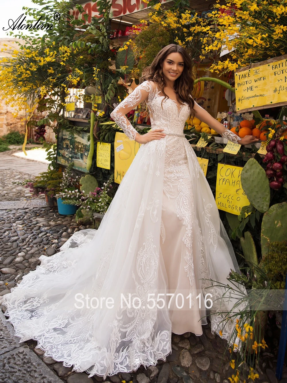 Alonlivn personalizado feito encantador apliques querida 2 em 1 vestidos de casamento com trem removível mangas completas vestidos de noiva