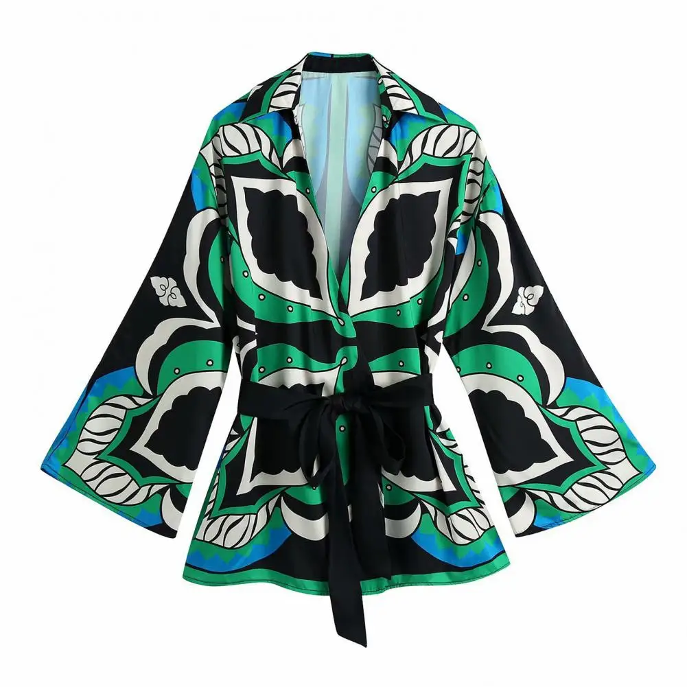 Traje de negocios para mujer, conjunto de 2 piezas con estampado verde, camisa Kimono, blusa y pantalones cortos informales de cintura alta, moda de